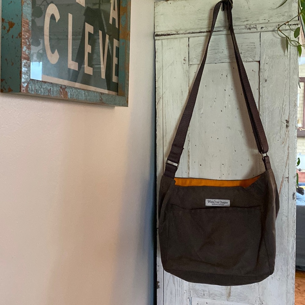 Etsy brand, white cross design, waxed canvas bag